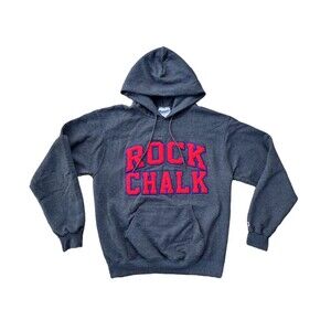 CHAMPION Gray Pullover Hoodie- ROCK CHALK Kansas Jayhawks Mens Size M